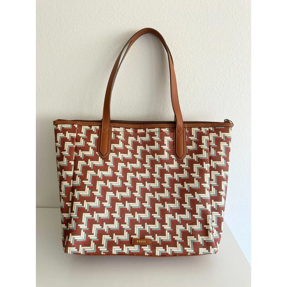 Fossil Sydney Signature Large Tote Bag Shoulder Purse Geometric Brown Top Handle